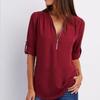 Camicia a maniche lunghe in chiffon con scollo a V e cerniera, taglie forti, da donna, con maniche regolabili