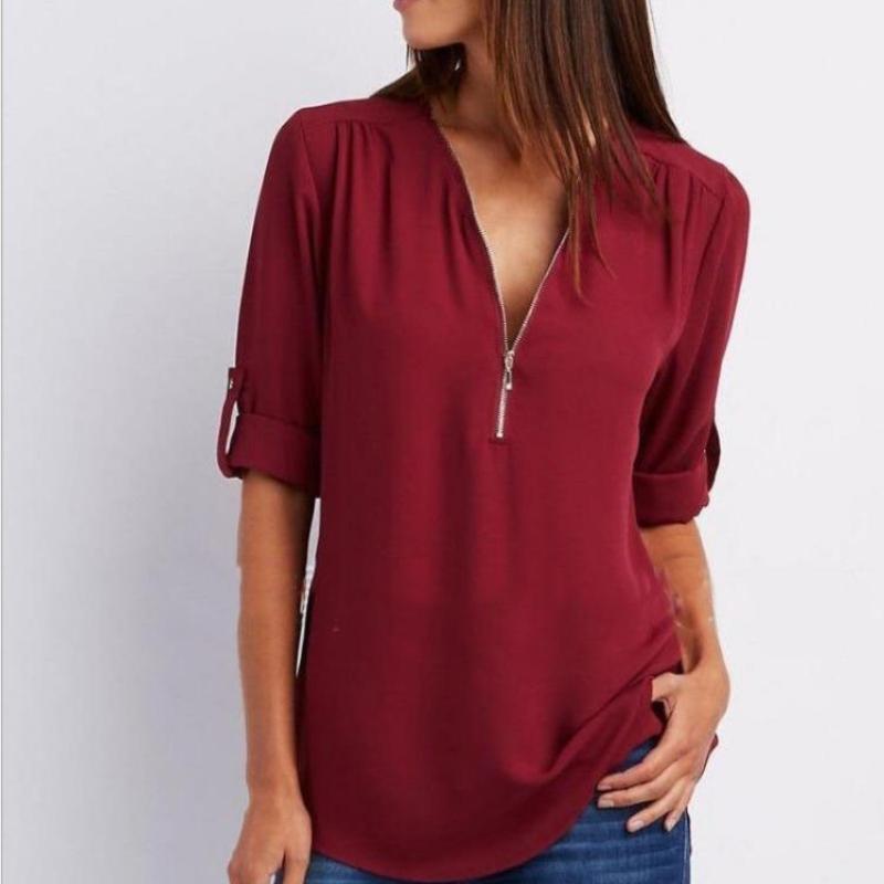 Camicia a maniche lunghe in chiffon con scollo a V e cerniera, taglie forti, da donna, con maniche regolabili