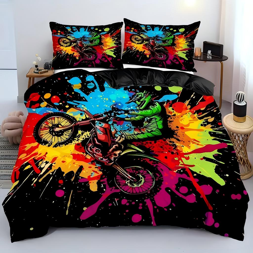 Extreme Sports Color Tie Dye Dirt Motorcycle 3D Print For Boys Men Bedding Cover Pillowcase Colorful Graffiti Style Duvet Cover
