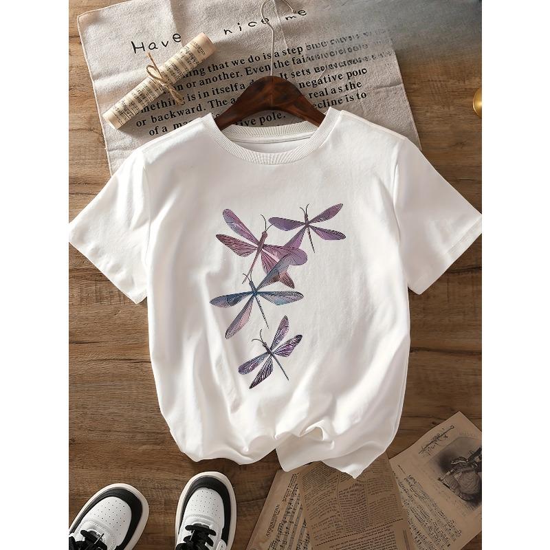 European sizes Dragonfly Series Printed Round Neck Short Sleeve