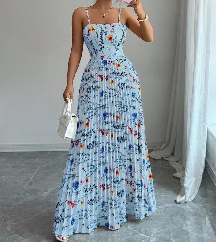 Elegant Floral Print Spaghetti Strap Long Dress - Summer Women's Fashion 2026