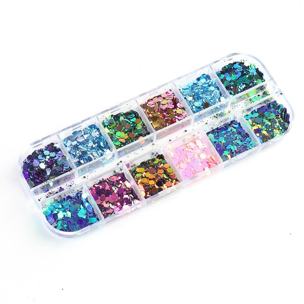 12 mřížek/krabice Chameleon nail flitry Vločky Gradient Barva Příslušenství na nehty Dekorace na nehty