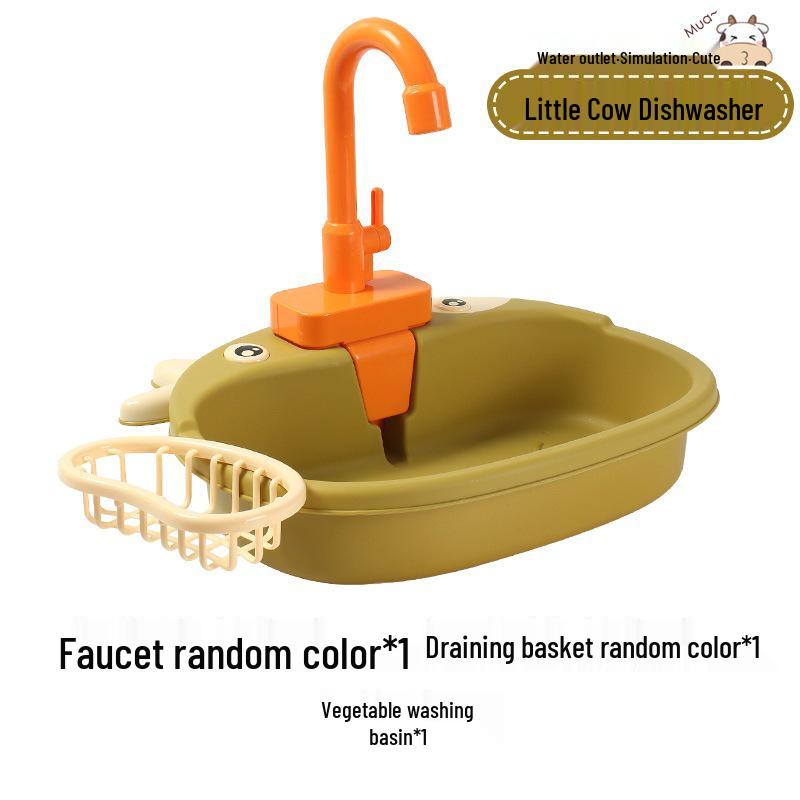 Cartoon Cow Electric Faucet Toy Kitchen Set with Sink, Stove, and Play Fruits & Vegetables