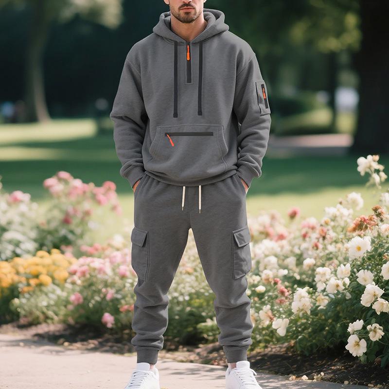 Autumn Winter Men's Fleece Zipper Hoodie & Multi-Pocket Workwear Pants Set