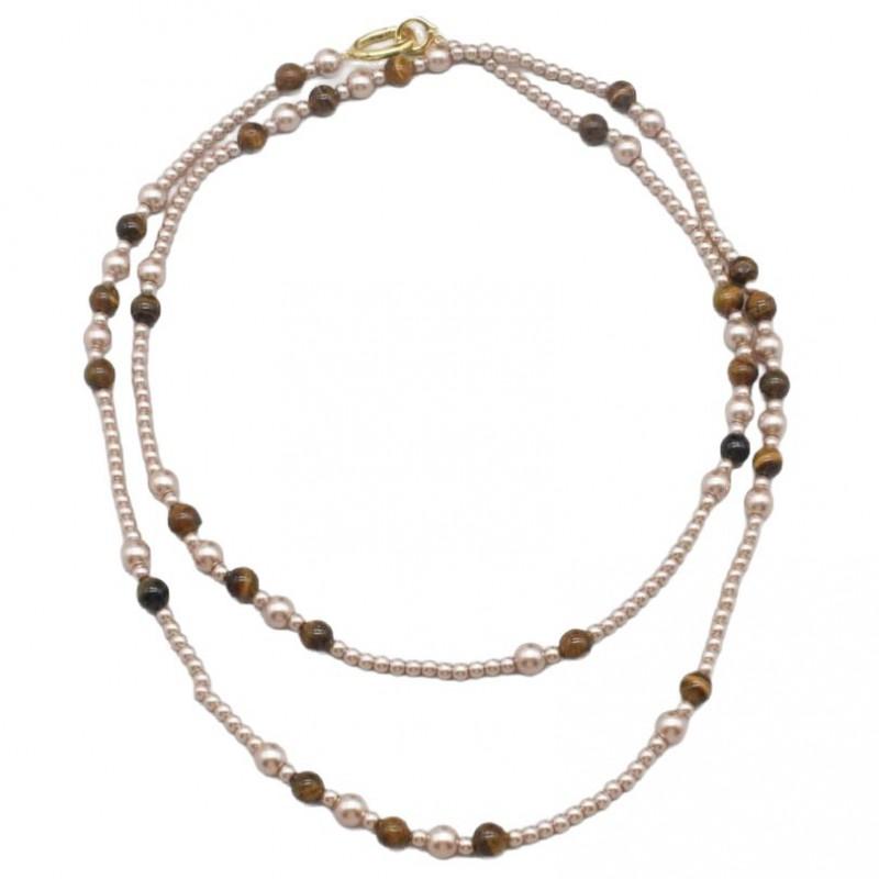 Handmade Layered Tigers Eye Brown Pearl Necklace 118cm Long Chain Minimalist Chic Statement Jewelry Women Daily Wear
