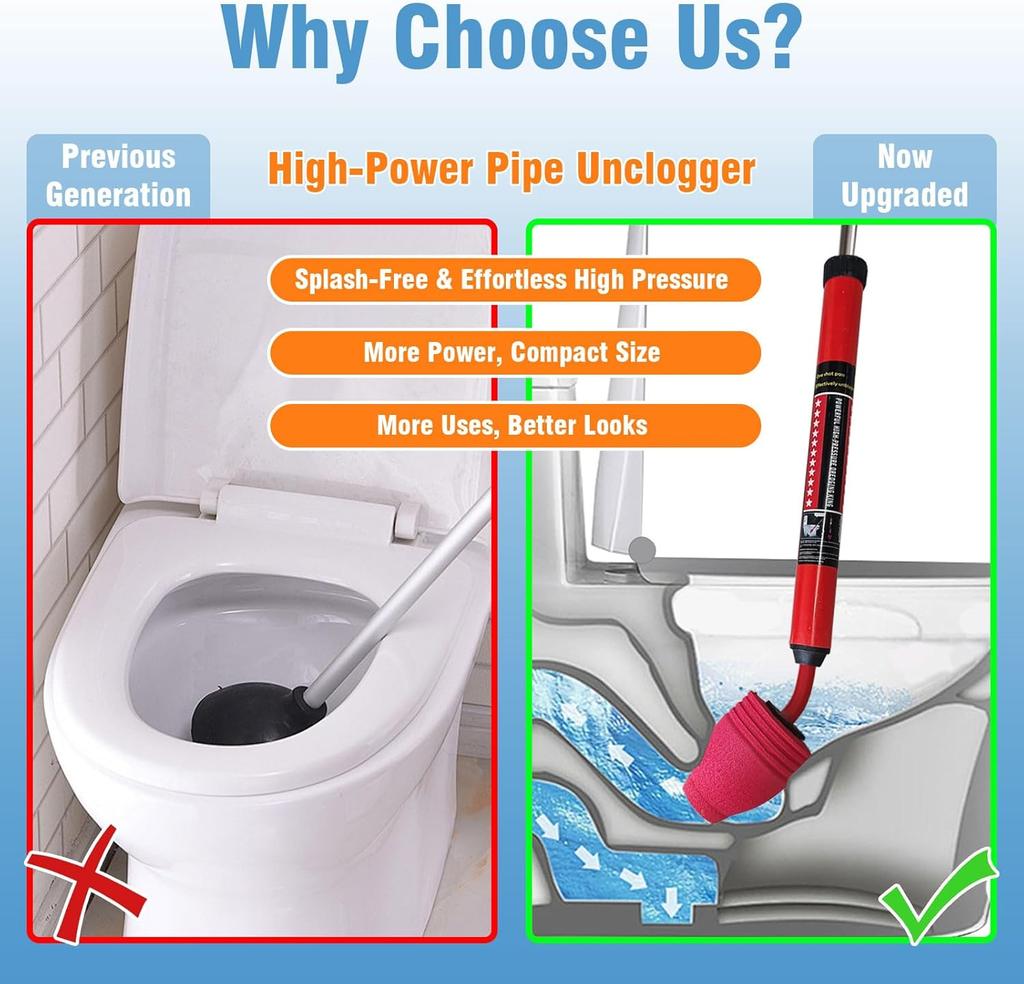 Toilet Plunger Powerful Pneumatic Drain for Clogged Toilets, Instant Unclogger for Paper & Waste, Safe for P