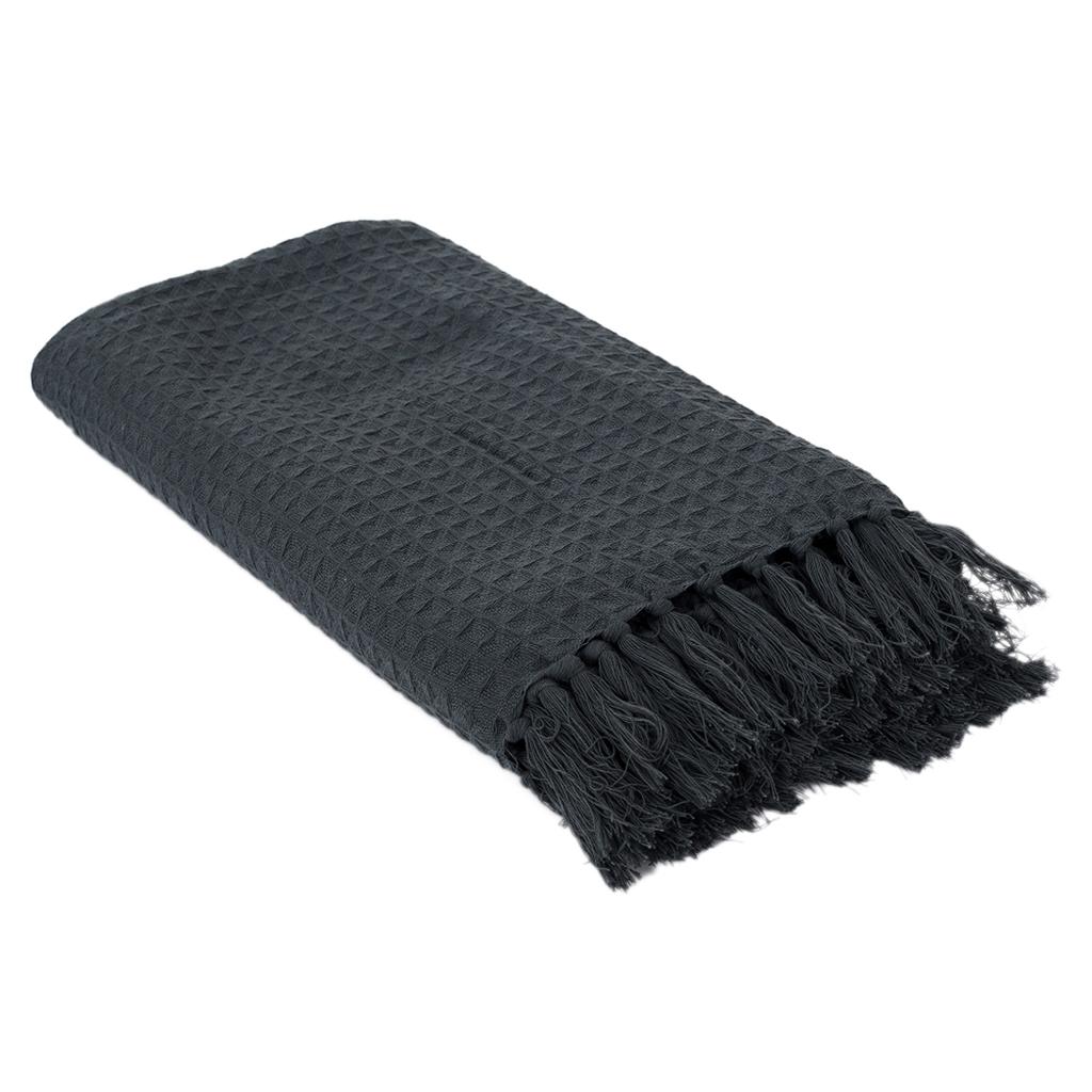 Les Trésors De Lily [A3526] - Sofadecke „Boho“ aus grauer Waffelbaumwolle - 160 x 130 cm