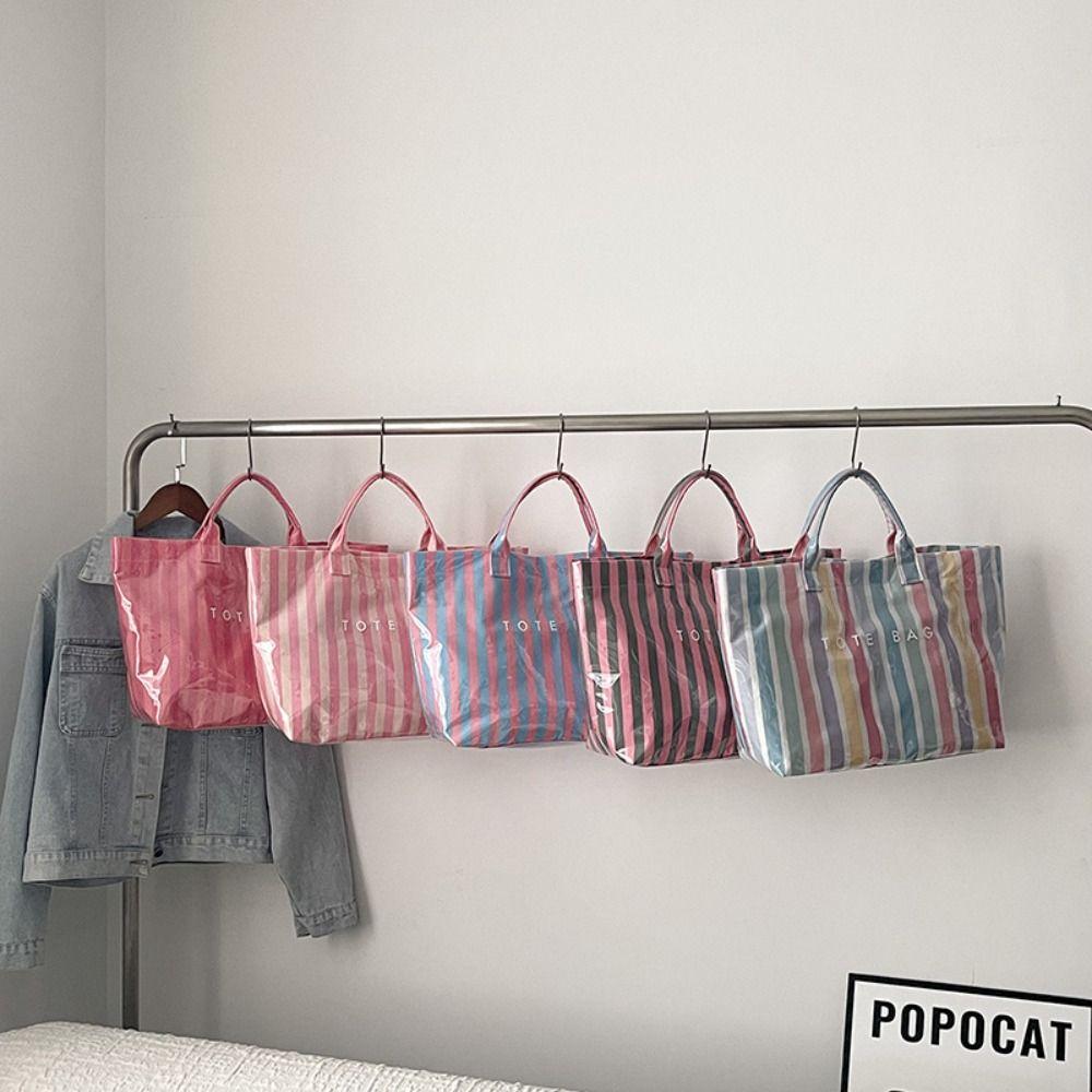 Stripe PVC Striped Tote Bag Letter Print Letter Prints Handbags Grocery Handbag