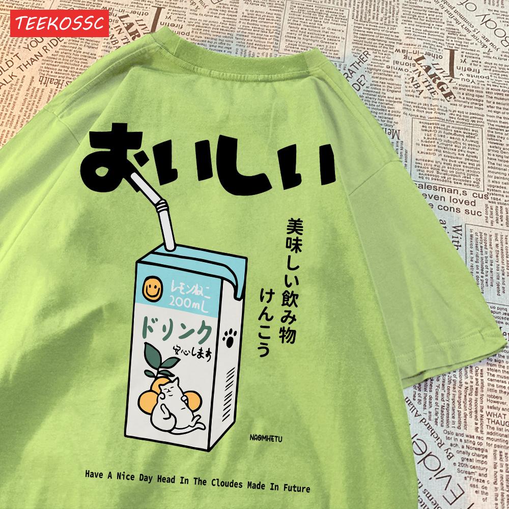 Niedliches Japanisches Katzenmuster Übergroßes T-Shirt Damen Herren Kurzarm Locker Lässiges T-Shirt Streetwear Oberteile Baumwolle Harajuku Kleidung