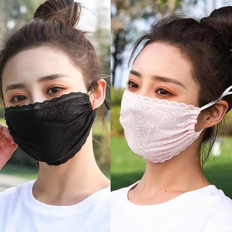Maschera di pizzo con protezione solare a fiori di colore solido, sottile, appesa all'orecchio, protezione UV, protezione UV, parasole, protezione solare, protezione per il viso