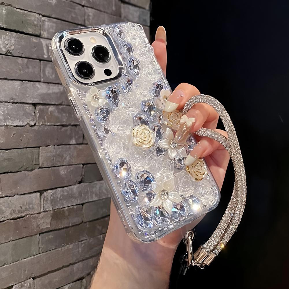 Glitter Crystal Rhinestone Floral Phone Case For Motorola Edge 60 Fusion 50 Neo Ultra Pro 40 Wrist Strap Gift girl