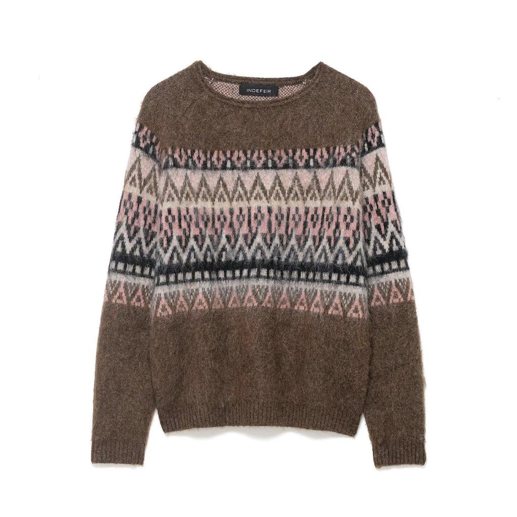 European Autumn/Winter Women's Casual Color-Washed Jacquard Knit Pullover Sweater