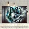 2D Blue Eyed Wolf Tapestry, Moonlit Forest Mountain Wall Hanging, Scenic Wildlife Decor