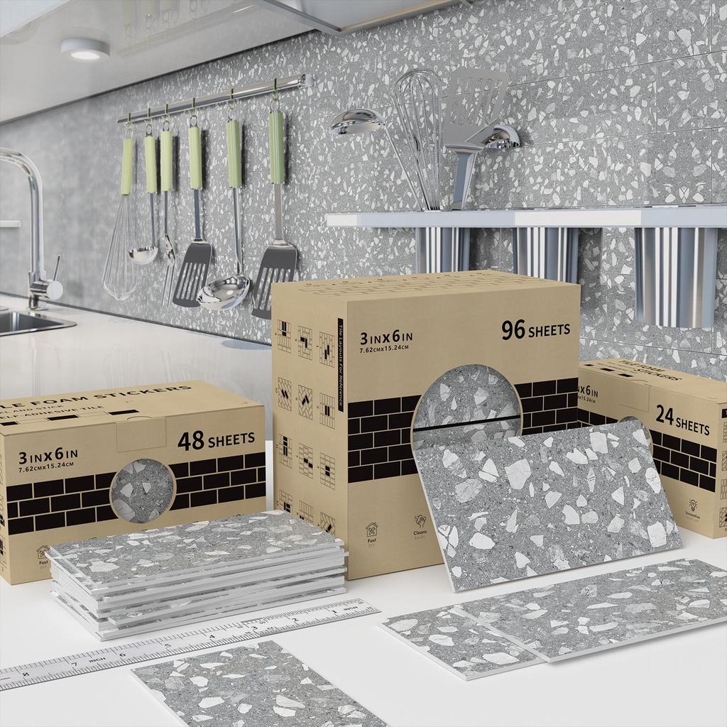 Marble-Style Waterproof Foam Wall Tile Stickers for Bathroom and Kitchen