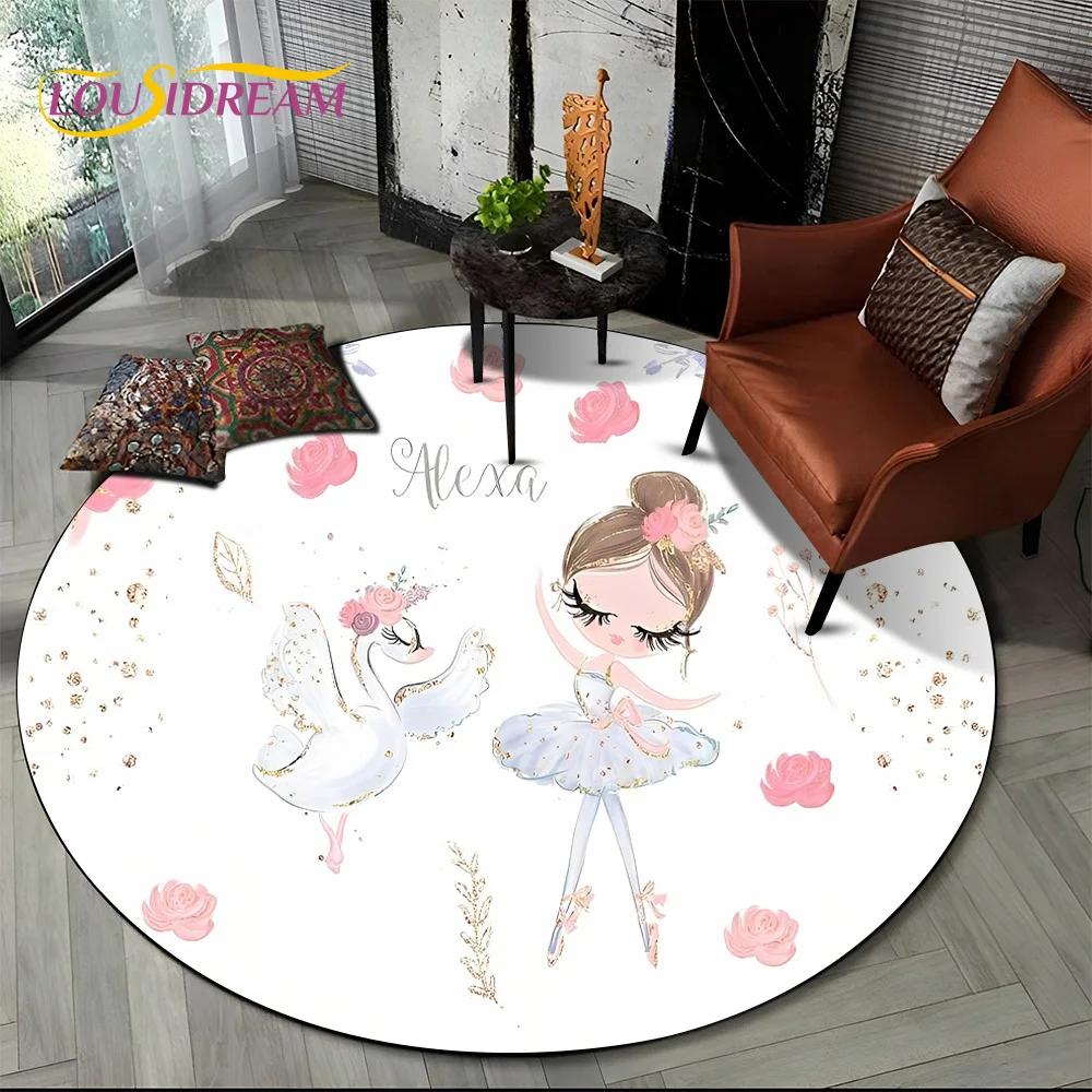 Ballet Girl Cartoon Flower Fairy Ballerina Round Carpet Rug for Living Room Bedroom Child Decor,Pet Area Rug Non-slip Floor Mat