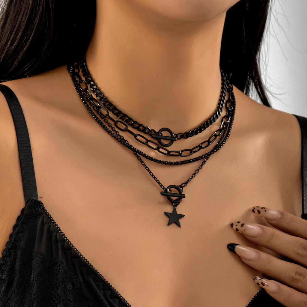 4 szt./zestaw Gotycki Punk Czarny Serce Gwiazda Frędzle Wisiorek Choker Naszyjnik dla Kobiet Vintage Metalowy Gruby Łańcuch Akcesoria Biżuteria Y2K