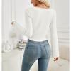 Women Pleated Long Sleeve Ribbed V Neck Cropped Casual T Shirt Top