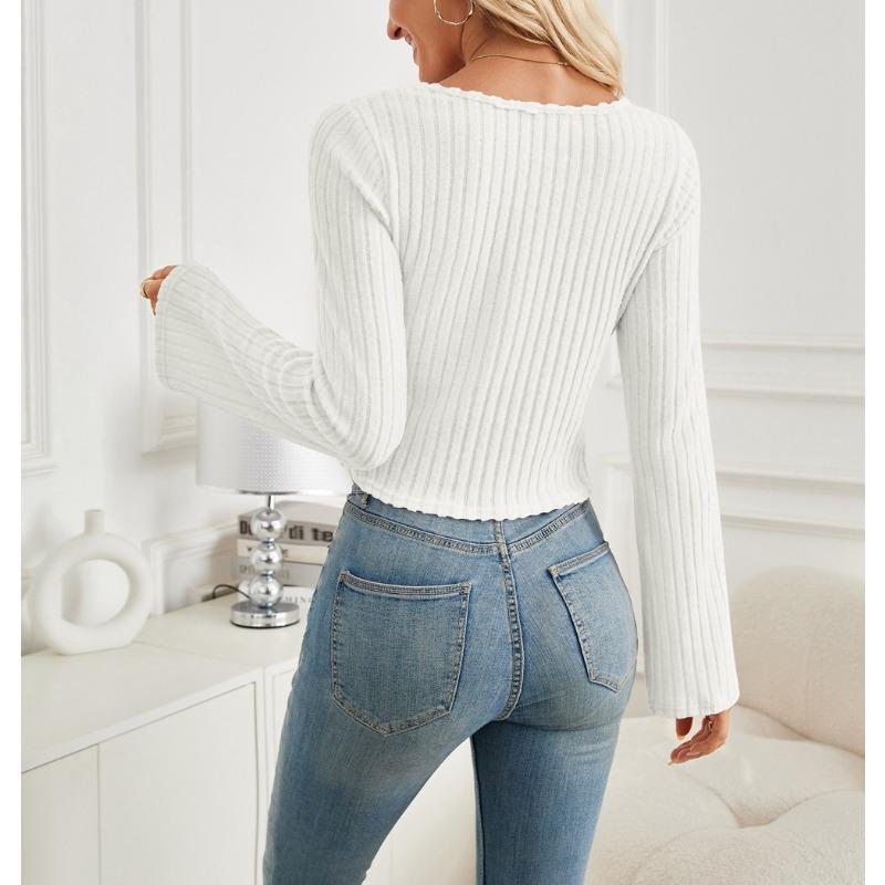 Women Pleated Long Sleeve Ribbed V Neck Cropped Casual T Shirt Top