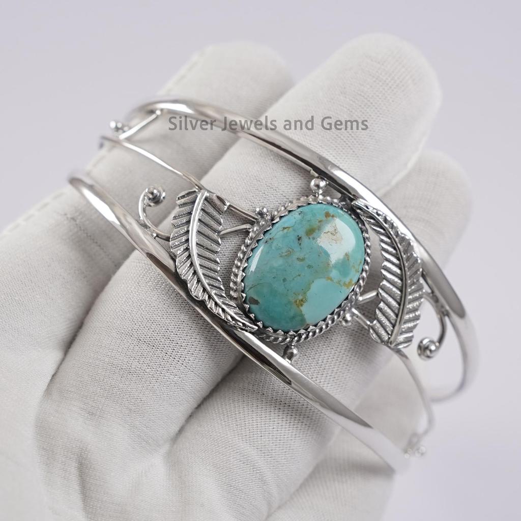Turquoise Cuff Bracelet, Arizona Turquoise Cuff Bangle, Designer Leaf Bracelet, 925 Sterling Silver Bracelet, Engagement Bracelet