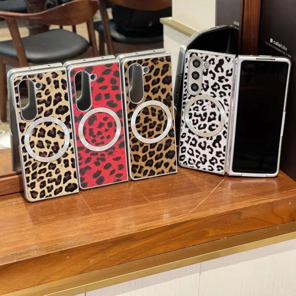 Higth Quality Busine Sle Leopard Pattern Leather Case for Samsung Galaxy Z Fold 7 6 5 4 Magnetic Magsafe Wireless Charge Cover