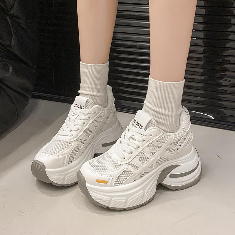 Fashion 6.5cm Air Mesh Micrifiber Leather Breathable Vulcanize Summer Chunky Sneakers Hollow Casual Platform Wedge Women Shoes