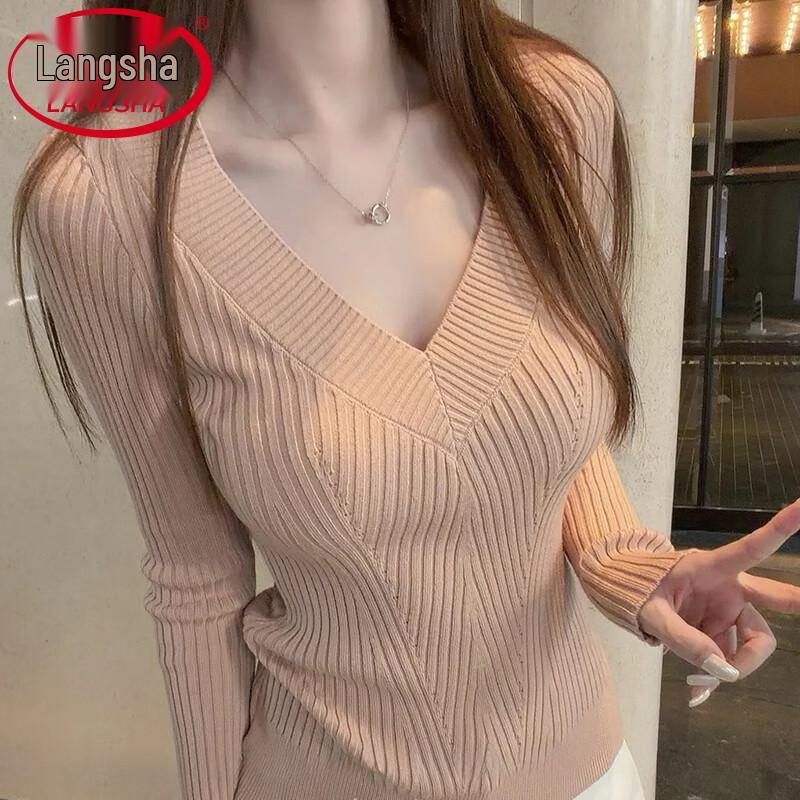 Maglione a Maniche Lunghe in Maglia con Scollo a V da Donna Langsha