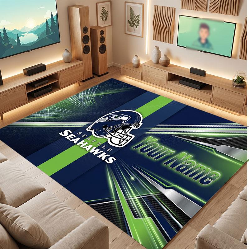 Seattle Seahawks Personalized Crystal Velvet Carpet, Customized Name Text Soft Anti‑Slip Rug for Living Room Bedroom