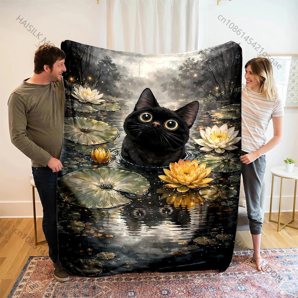 Multiple sizes Black cat in pond Print Adult Children Warm Blankets Home Travel Car Soft Comfortable Suitable for all seasons