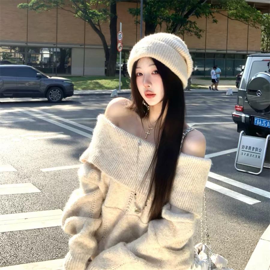 New Fashion Chic Off Shoulder Sweater Women's 2026 Pullovers Autumn Knit Tops Long Sleeve Sexy Elegant Winter Loose Korean Sweaters Basic Clothing