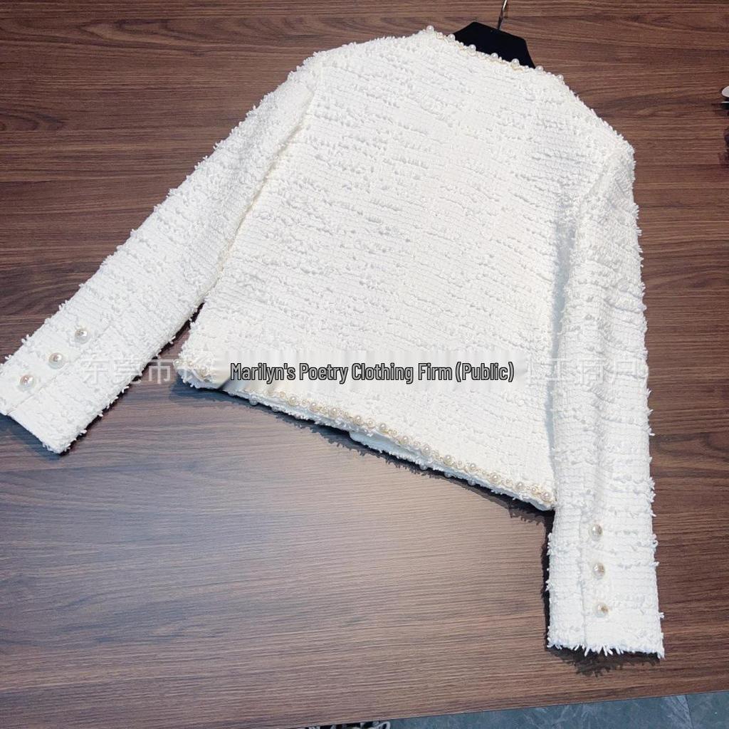 Temperamental Socialite Off-White Tweed V-Neck Pearl Trim Button Jacket, 2025 Spring Collection for Women