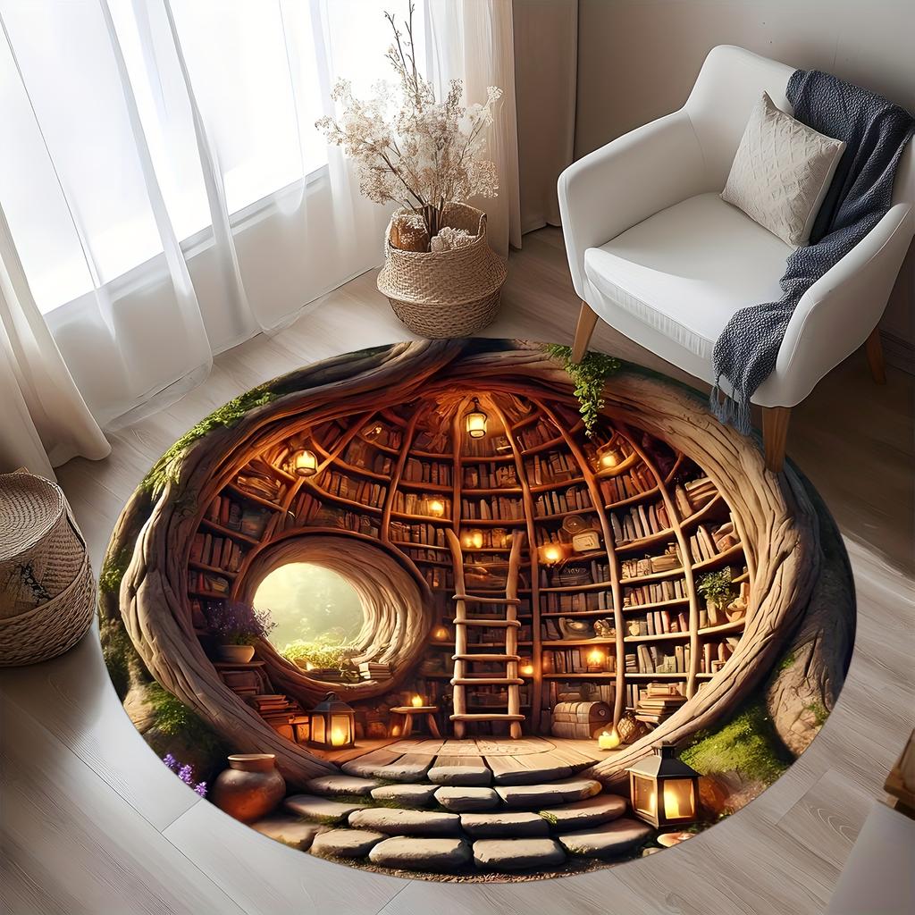 Flannel Printed Round Rug With Magical Tree Library Design For Home Decor Soft Floor Mat Fantasy Art Theme Cozy Interior