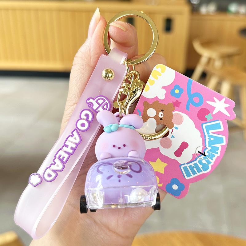 Cute Pet Pulling Car Into Oil Keychain Cartoon Bear Creative Bag Pendant Cute Car Key Chain Pendant