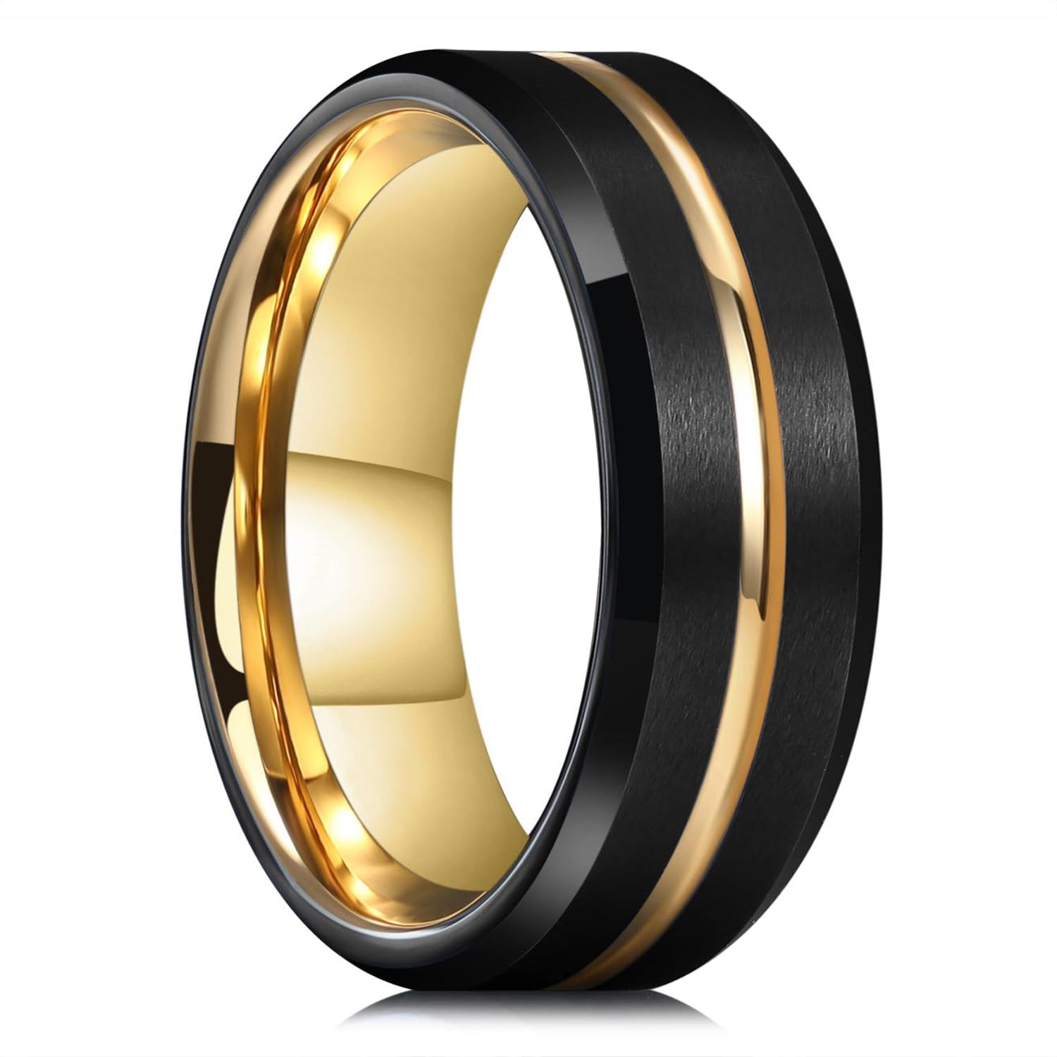 Trendy 8mm Heren RVS Ringen Zwart Geborsteld Goudkleur Groef Afgeschuinde Rand Verlovingsring Mannen Trouwjuwelen 10 beige