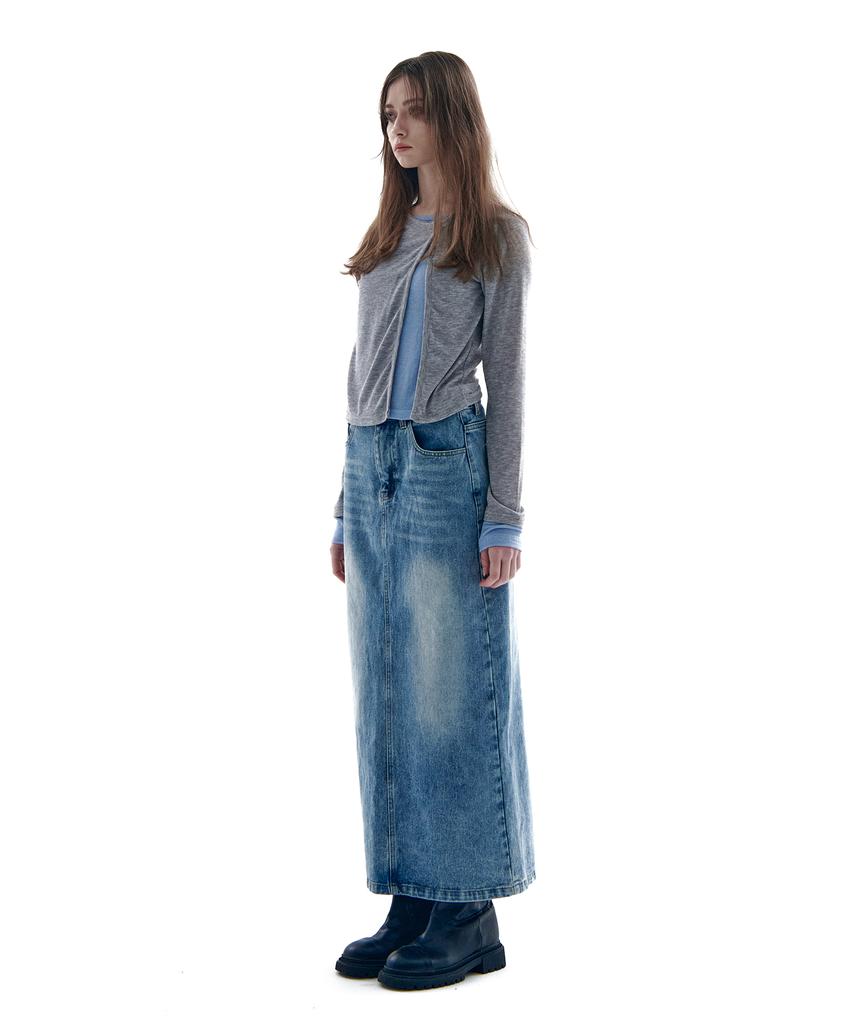 PLACE STUDIO Classic Vintage Washed Slit Long Denim Skirt [Light Blue]
