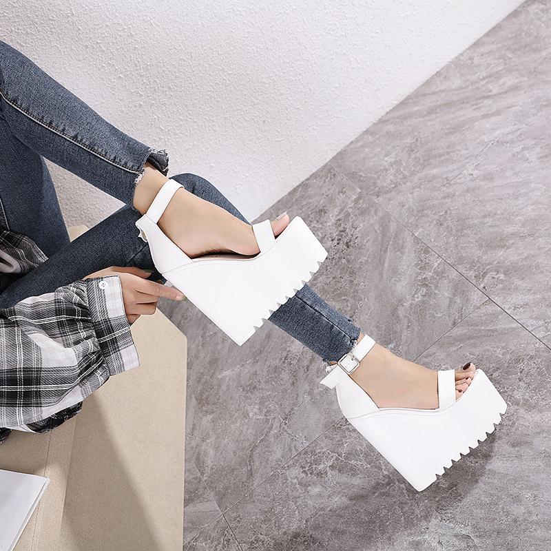Fashion 16cm White Wedge Heel New Summer Thick Heel Platform Dance Shoes Sexy T-stage Night Club Super High Heel Women's Sandals