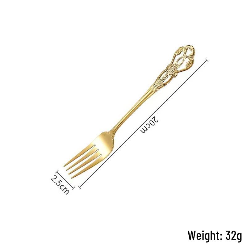 Royal Court Stainless Steel Retro Embossed Cutlery Set: Knife, Fork, Spoon, Steak Knife, Dessert Spoon.