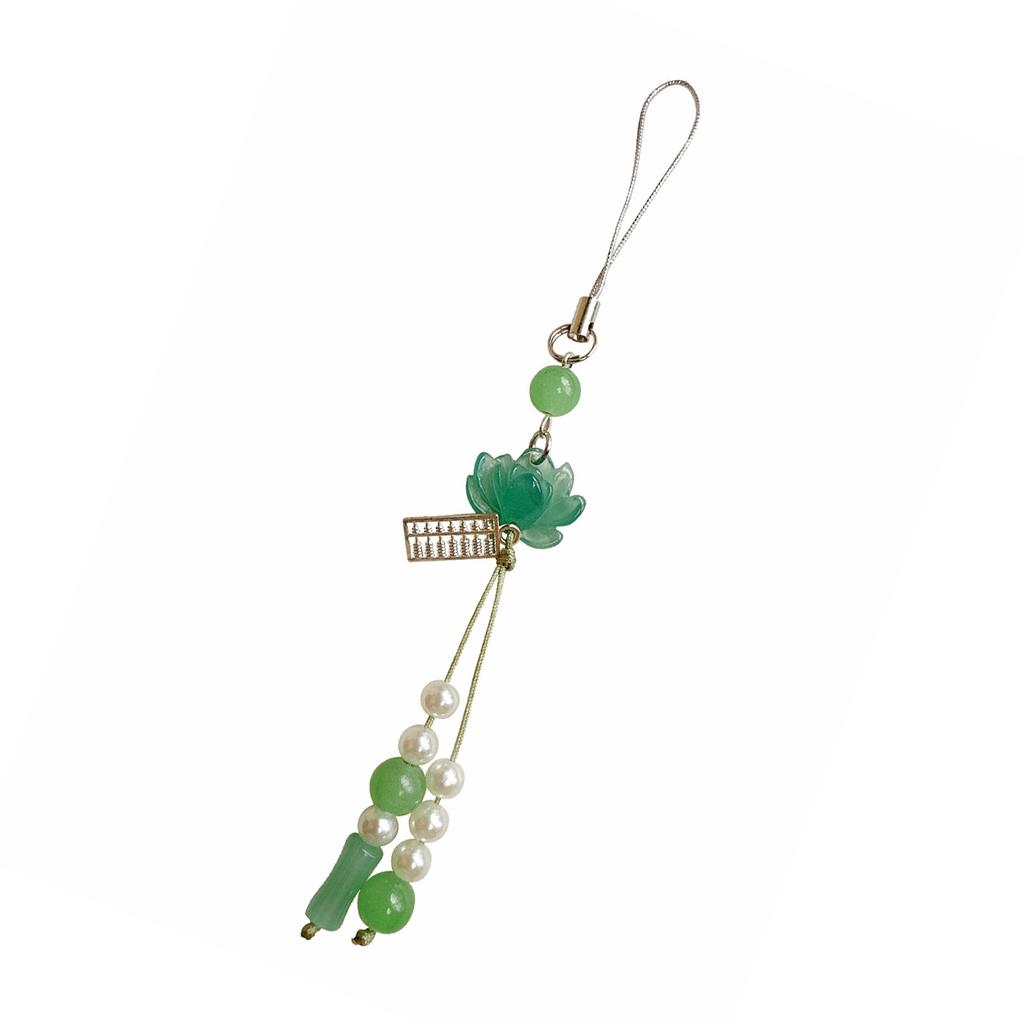 Lotuses Flower Phone Charm Ancient Style Keychain Pendant with Acrylic Beads Handmade Beaded Cellphone Lanyard