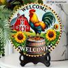 2D Flat, 1pc Round Aluminum Hanging Sign - "Welcome" Farm Rooster Metal Wall Art, Vintage Barn & Sunflower Design, Perfect for Farmhouse Decor, Front