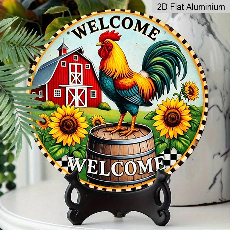 2D Flat, 1pc Round Aluminum Hanging Sign - "Welcome" Farm Rooster Metal Wall Art, Vintage Barn & Sunflower Design, Perfect for Farmhouse Decor, Front