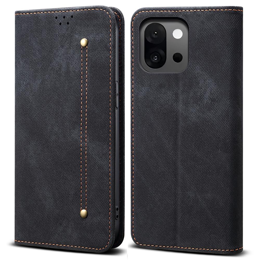 

Для OnePlus 13T 5G Чохол Текстура Джинсової Тканини Захист від Подряпин Шкіряна Підставка Чохол для Телефону Black