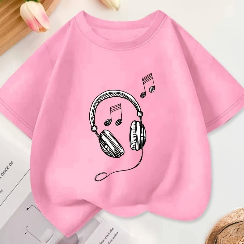 Kids Summer Crew Neck Short Sleeve T-Shirt with Sketch Headphones & Music Notes Print