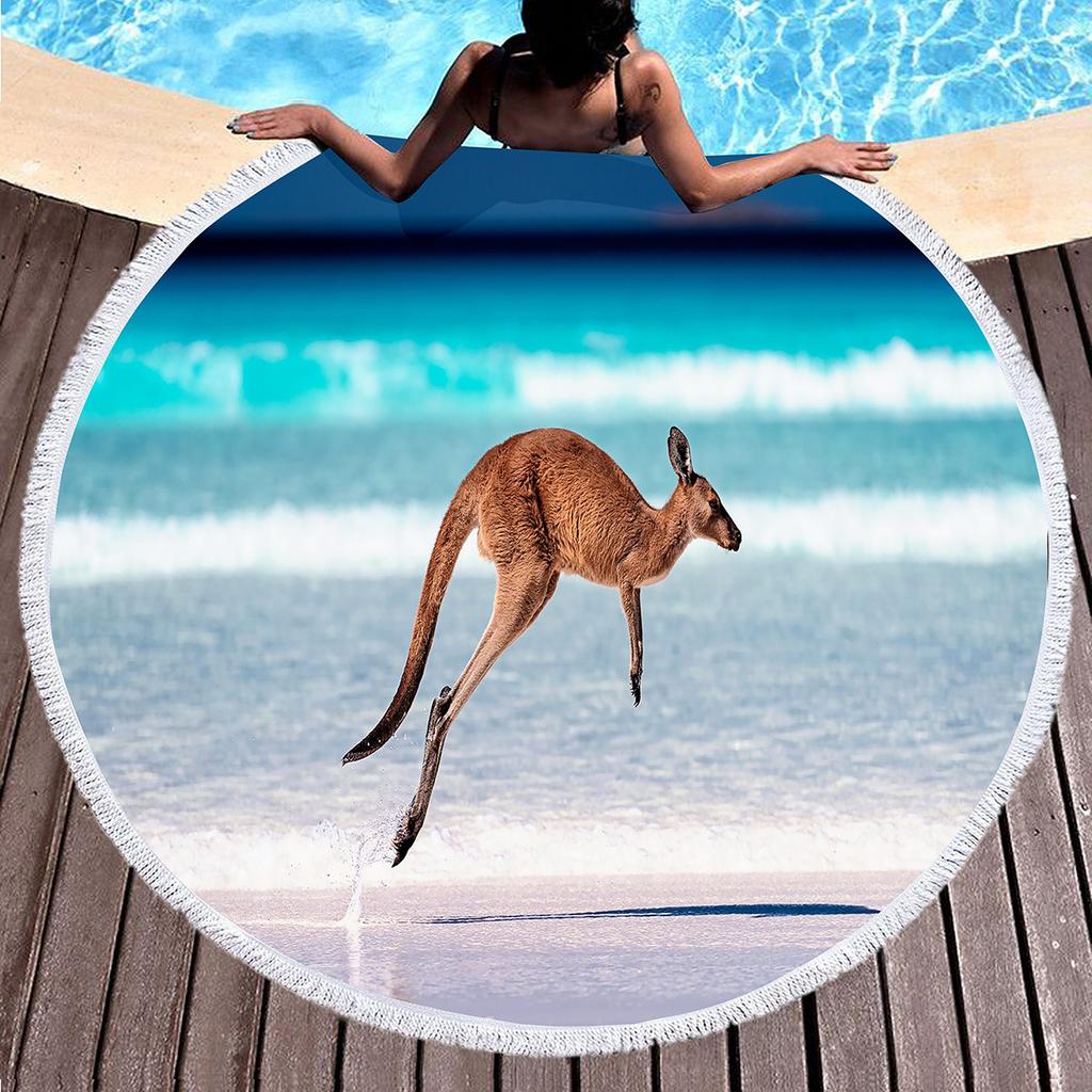Kangaroo Round Beach Towel with Tassels, Microfiber Quick Dry Beach Blanket Sand Free Quick Dry Yoga Mat Circle Swim Pool Towel