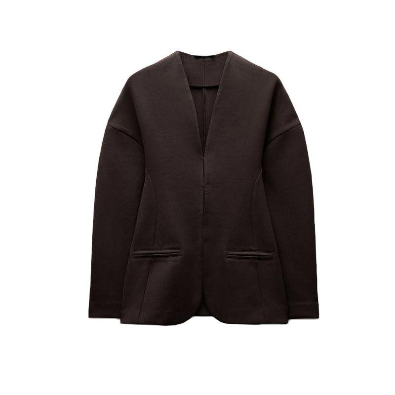 

Весна Новая Женская Одежда Повседневный Стиль Двусторонняя Ткань V-образный Вырез Спущенное Плечо Длинные Рукава Приталенный Костюм Верхняя Одежда 3641304 Dark brown L