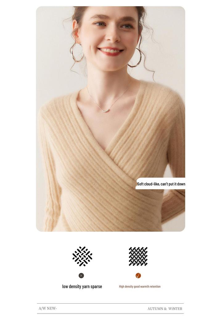 Lekasha Women's V-Neck Cross Knit Cashmere Sweater - Long Sleeve, Autumn/Winter Style