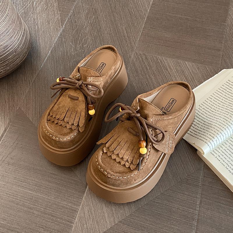 

Замшевые лоферы на толстой подошве с бахромой для женских новых моделей осени 2025 года, небольшой каблук, круглый носок на шнуровке, сумка-голова полу-шлепанцы 40 верблюд