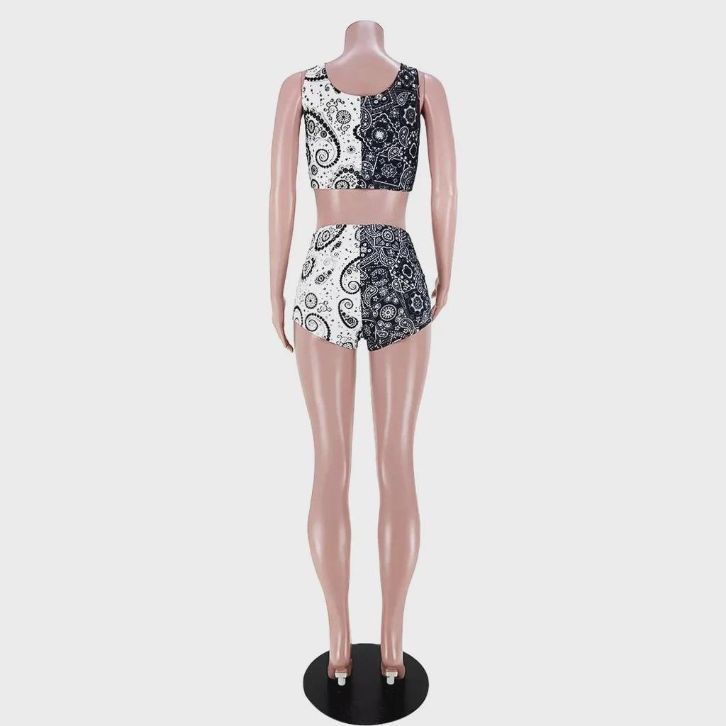 Women's European & American Contrast Color Sports Vest and Printed Pants Set