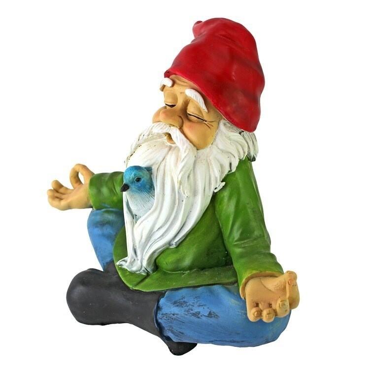 Charming Resin Gnome Meditation Figurine With Bird For Zen Garden Decoration