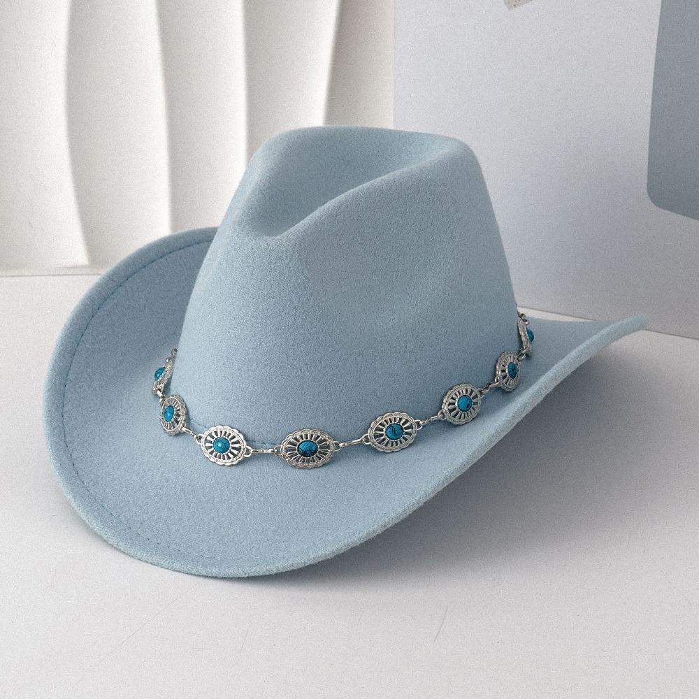 Turquoise Felt Fedora Hat Wide Curved Brim Western Cowgirl Hat for Party Travel Costume