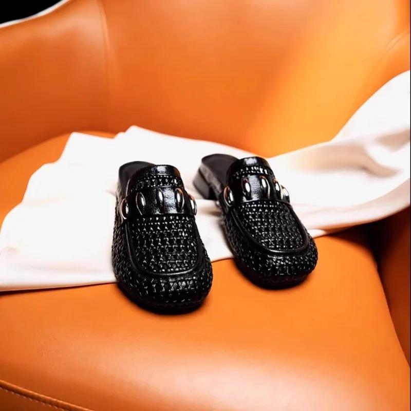 Fashion Women's Hollow Bow-top Slippers Summer New Round Head Deep Mouth Metal Buckle Soft Sole Non-slip Mid-heel Shoes