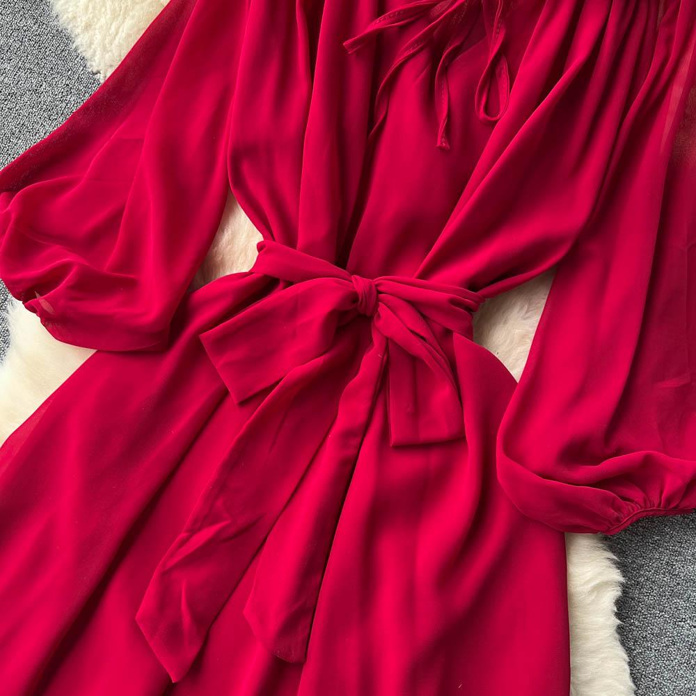 Francouzské šik Maxi šaty pro ženy Sklopný límec Lucerna Rukáv Šněrovací Dámské letní šaty Dámské Vestidos Dropship